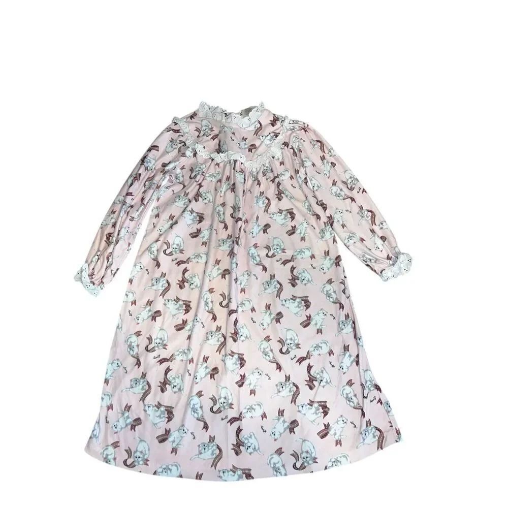 Lanz of Salzburg prairie Girls S (6) classic flannel nightgown pink kitten print
